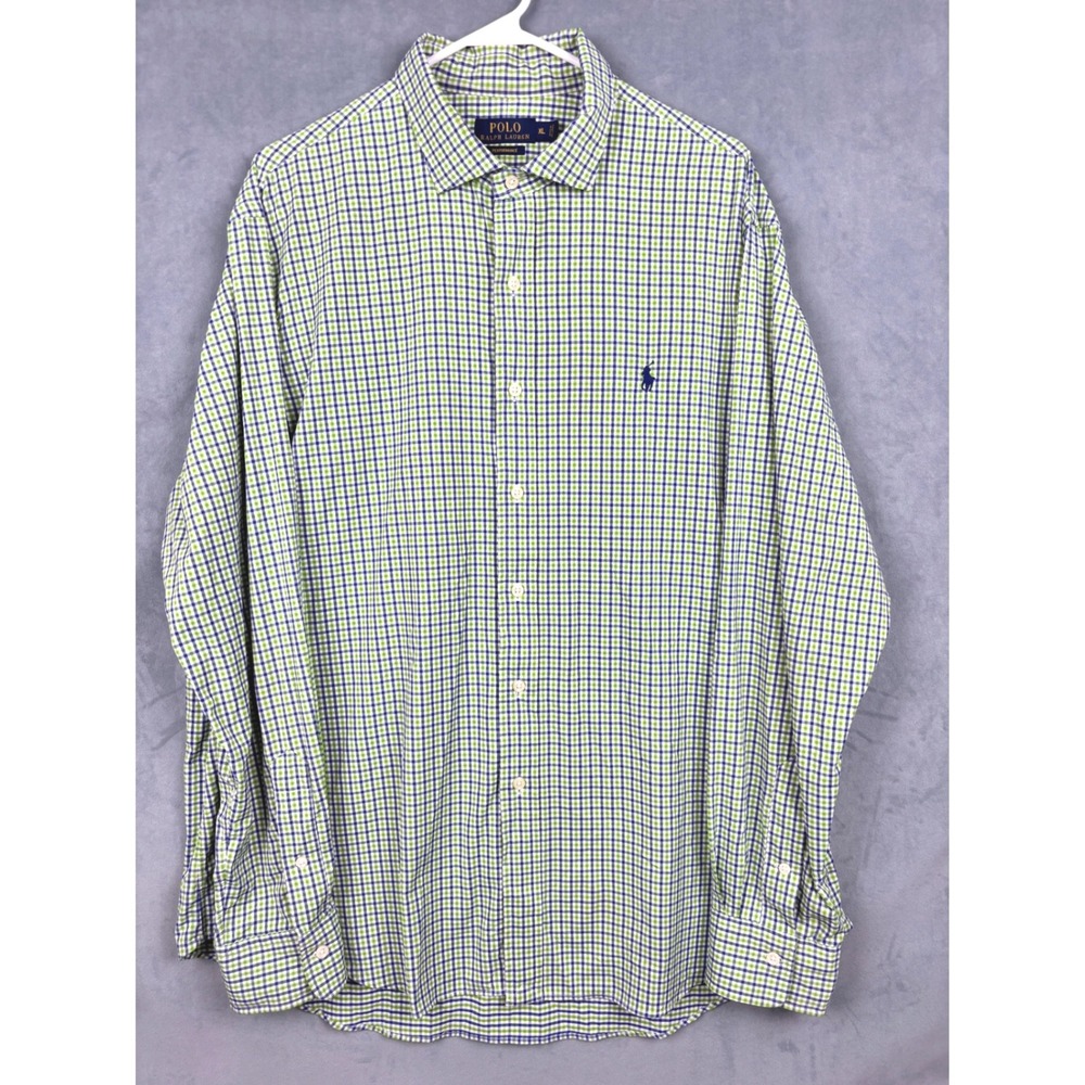 Polo Ralph Lauren Performance Shirt Mens XL Green Blue Gingham Stretch Nylon